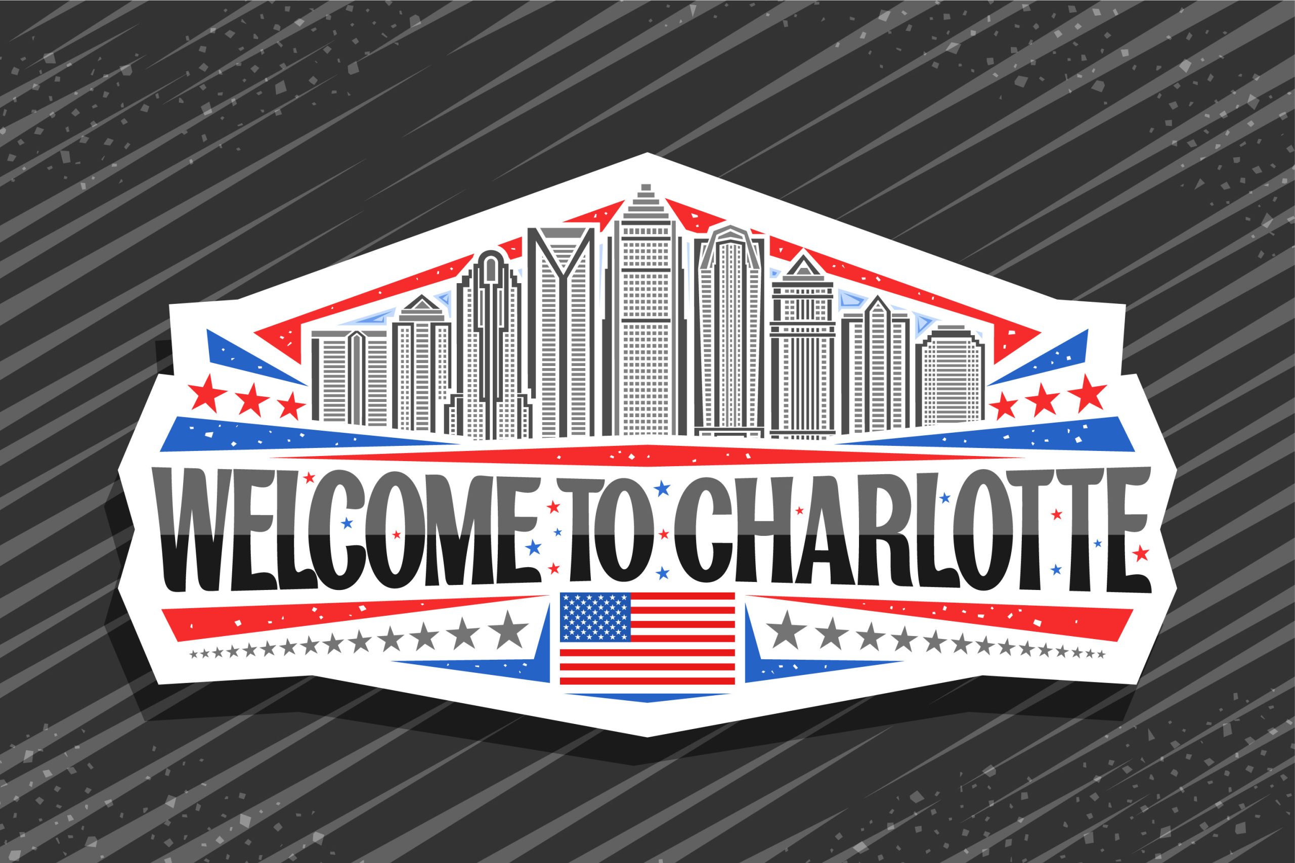 A badge featuring the Charlotte, NC cityscape with 'Welcome to Charlotte' text and the US flag below