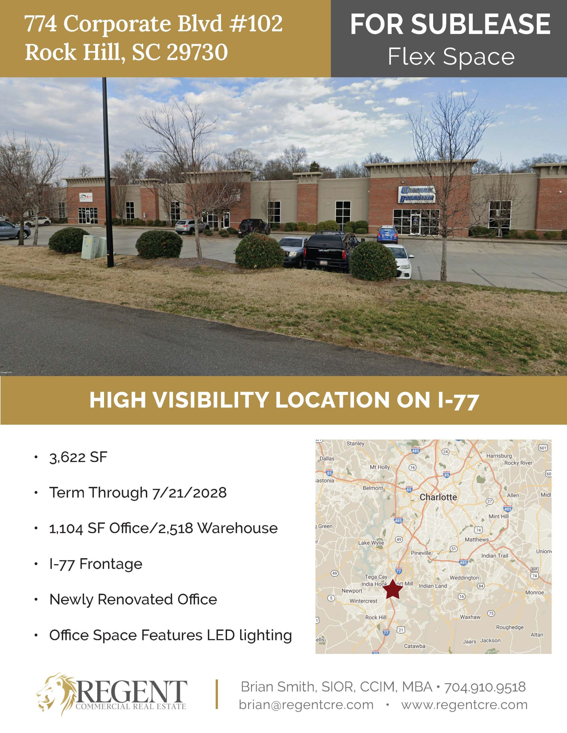 3,622 SF of Flex Space for Sublease in Rock Hill, SC at 774 Corporate Blvd, Suite 102 | High Visibility on I-77