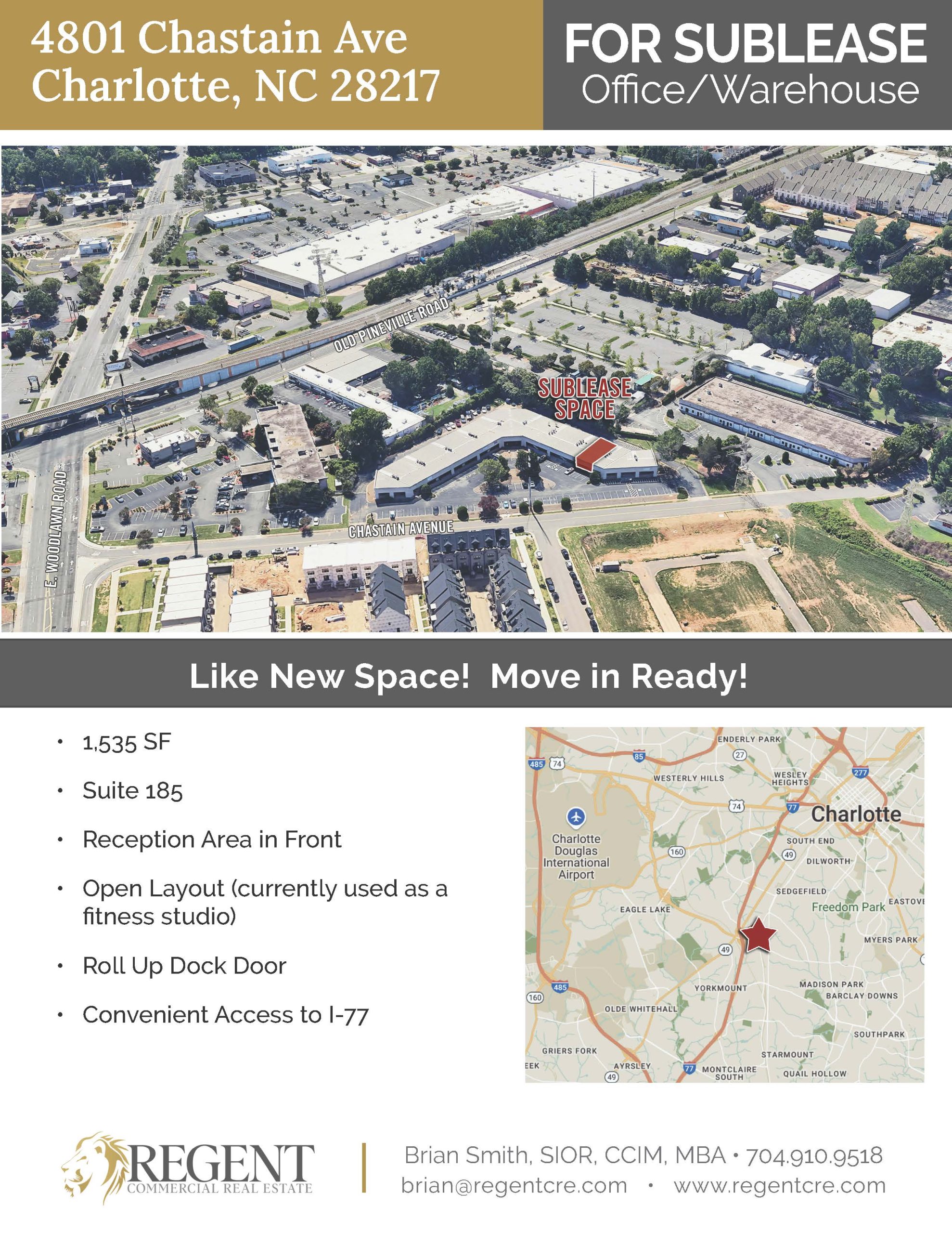 1,535 SF Office/Warehouse Sublease in LoSo – Suite 185, 4801 Chastain Ave, Charlotte NC 28217