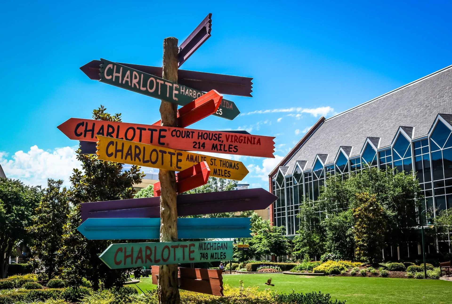 A signpost showing directions and distances from Charlotte, NC to various locations in the US
