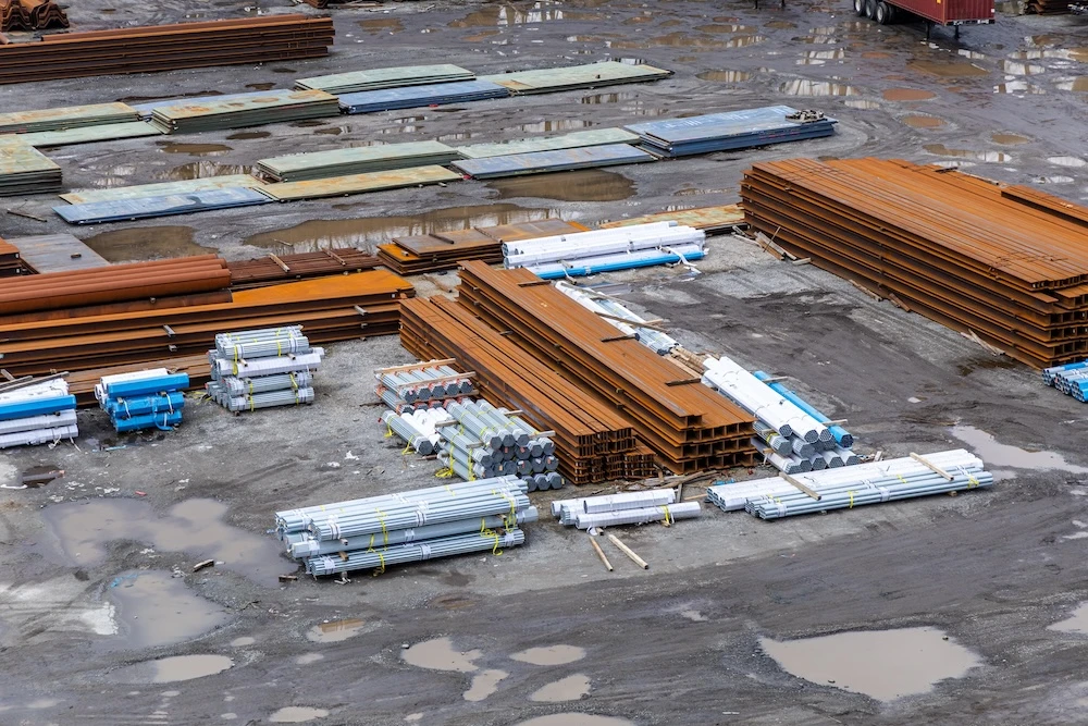 steel and building materials stored in IOS lot